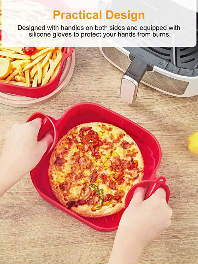 Vierkante siliconen Airfryer bak | 20 x 20 cm | Kleur: Grijs & Rood